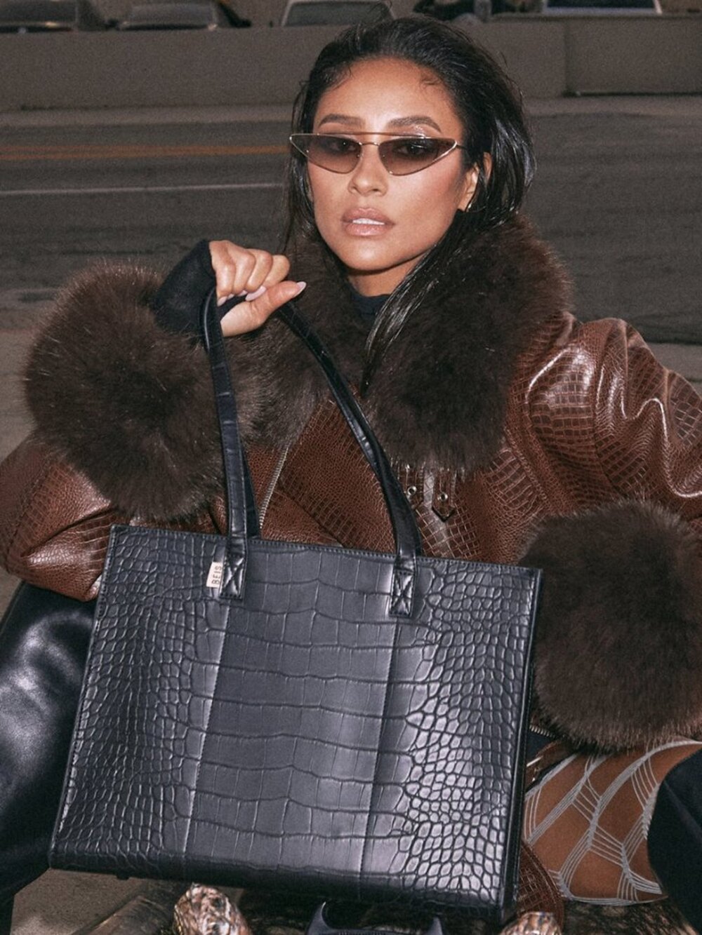 NWT BÉIS The Work Tote in Black Croc